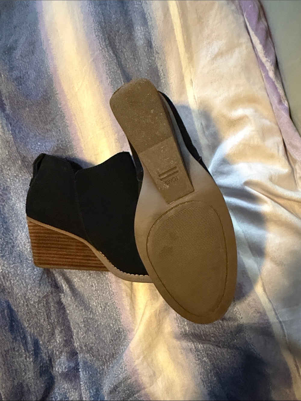 Toms Black Suede Wedge Ankle Booties with Stacked Heel